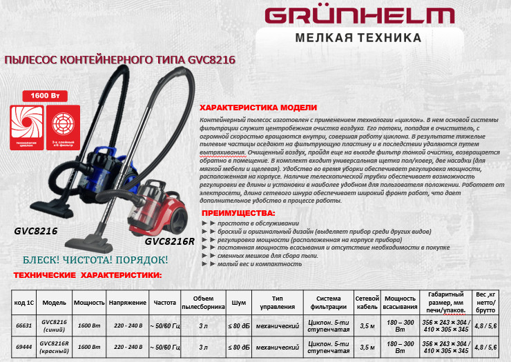 Пылесос Grunhelm GVC8216R циклон
