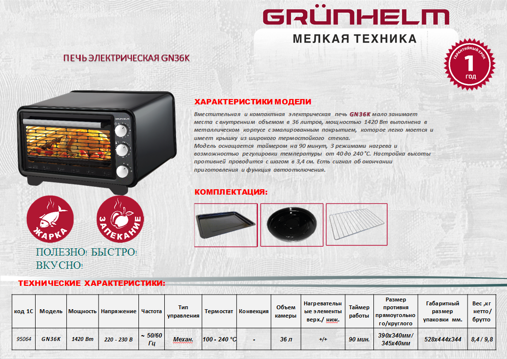 Електропіч Grunhelm GN36K.