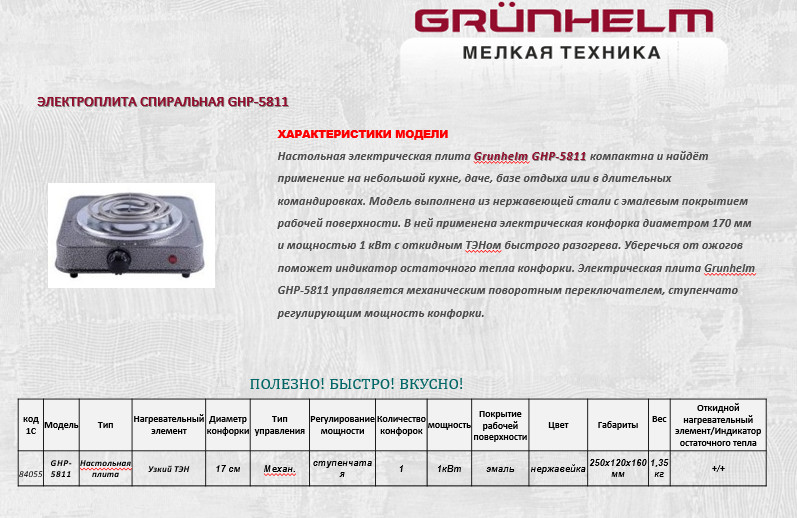 Електроплита вузький тен Grunhelm GHP-5811