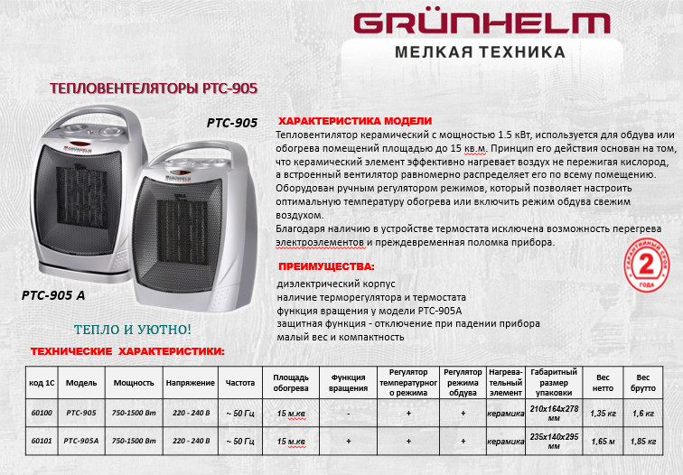 Тепловентилятор керамический&nbsp;Grunhelm PTC-905A