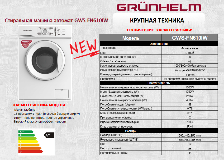 &nbsp;Стиральная машина Grunhelm GWS-FN610IW&nbsp;