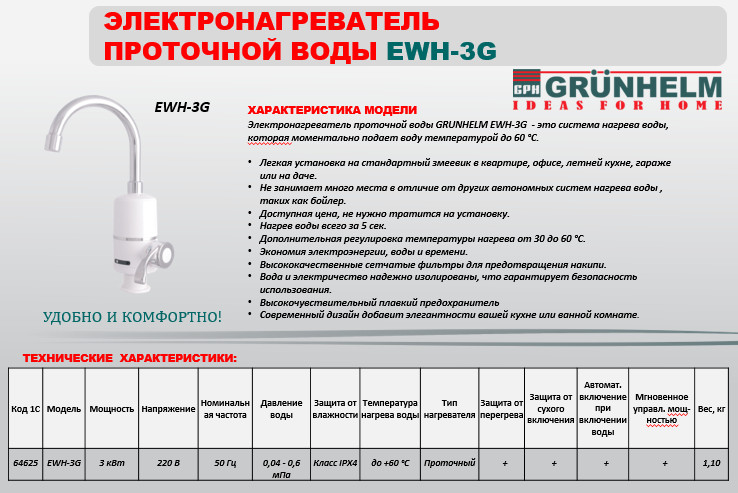 Електронагрівач проточної води Grunhelm EWH-3