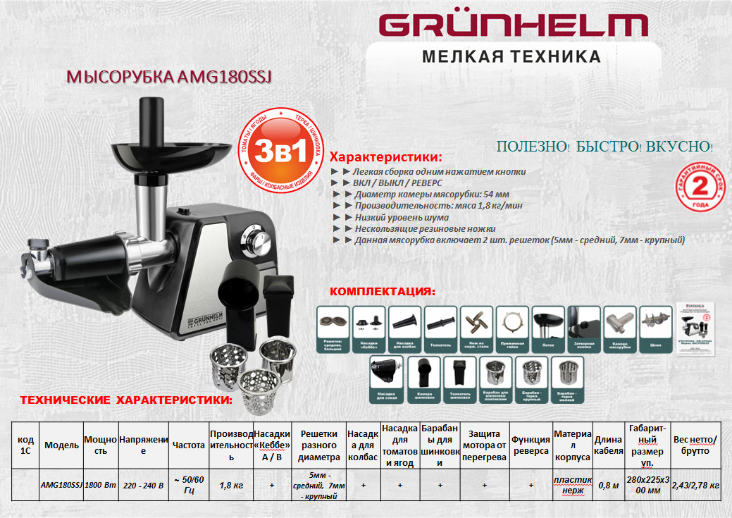 Мясорубка электрическая Grunhelm AMG180SSJ.