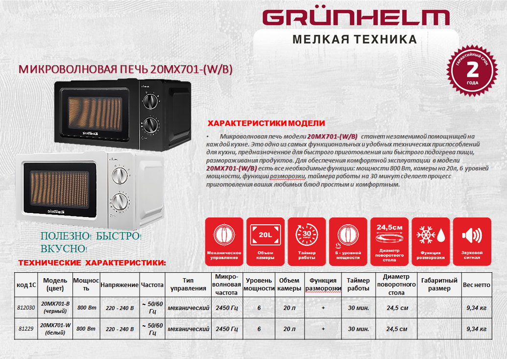 Микроволновая печь Grunhelm 20МX701-B.