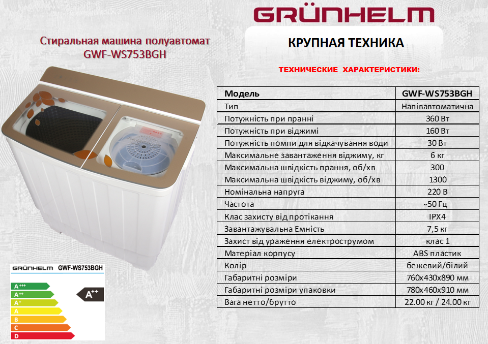 Стиральная машина Grunhelm GWF-WS753BGH